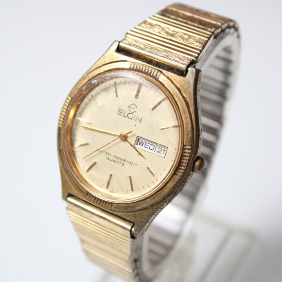Vintage Elgin Watch Mens Gold Tone Stainless Steel Classic Quartz Date Dial 80s - Picture 1 of 8